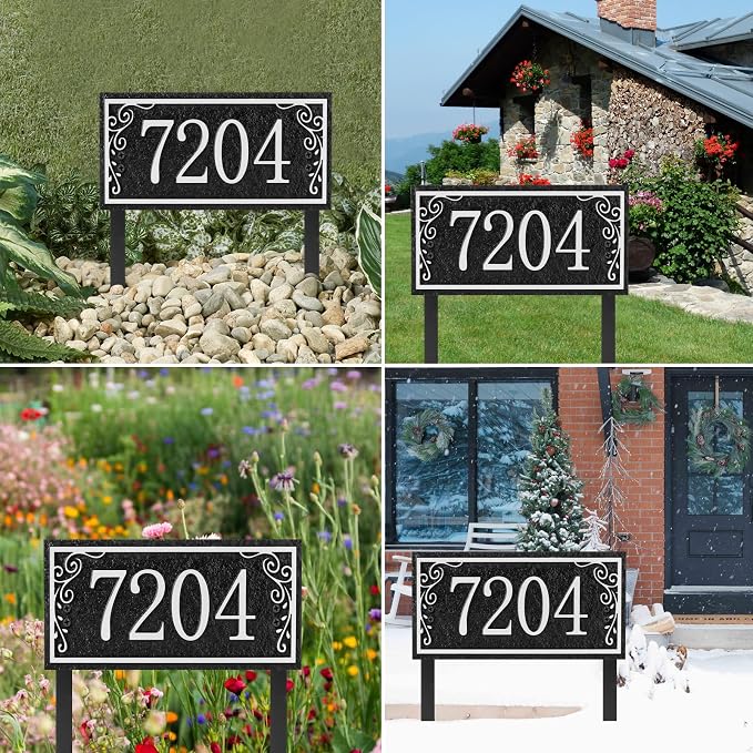 Lawn Address Sign Plaque - Personalized House Number Plaque Sign,Address Numbers for House Large Option Stakes Included (Black/Silver)