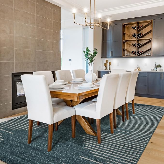 Rugshop Bohemian Stripe Stain Resistant Area Rug Teal 7'10" x 10' | High Traffic,Fade Resistant, Living Room, Bedroom, Dining Room, Home Office, Kitchen, Entryway, Hallway, Nursery,Basement
