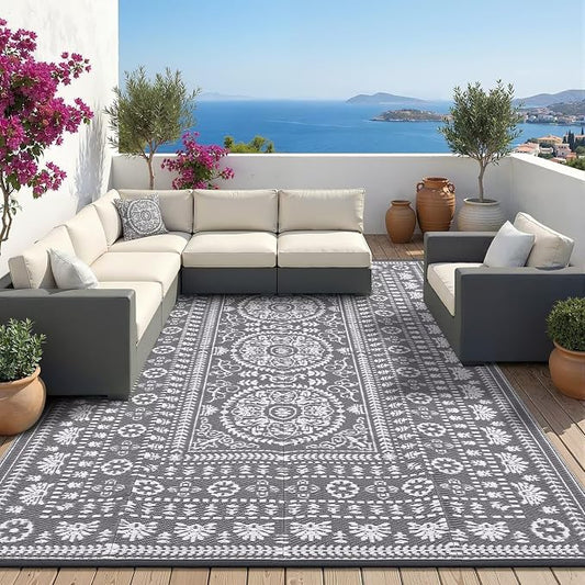 Garvee Reversible Outdoor Rug 6x9 for Patio, Waterproof Outdoor Area Rug, Modern Medallion Indoor Outdoor Rugs, Plastic Straw Rug for RV, Camping, Deck, Vintage Grey