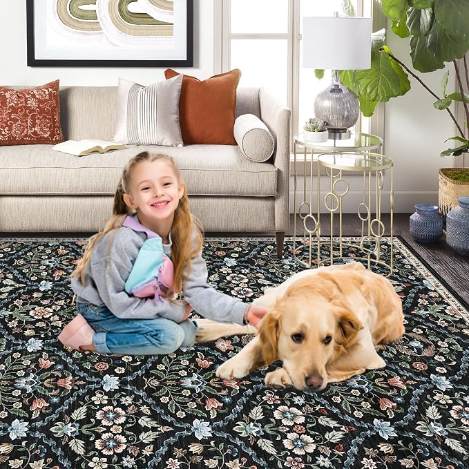 ROYHOME 8x10 Area Rug Trellis Machine Washable Rug for Living Room | Stain Resistant Non-Slip Accent Rug Carpet Farmhouse Vintage Distressed Floral Floor Cover for Home Decor, Black