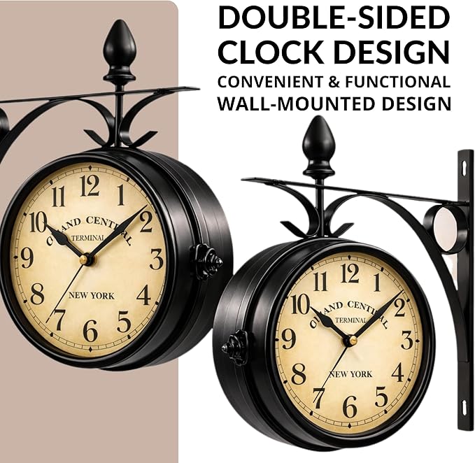 Double Face Wall Clock Black – Small Vintage Wall Clock Double Sided 360 Degree Rotate Antique for Outdoor Indoor Decorative Office Kitchen Living Room