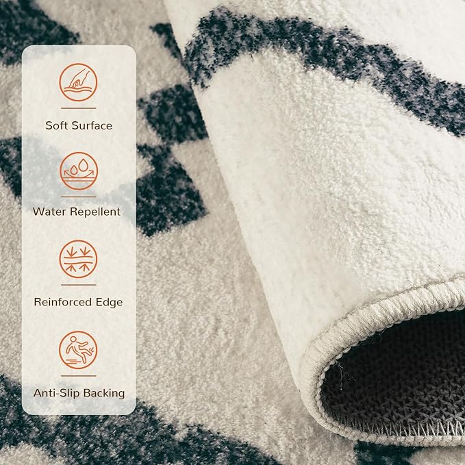 5'x7' Washable Area Rug for Living Room Bedroom White Black | Soft Western No Slip Low Pile Print Foldable Indoor for Kitchen Dining Room