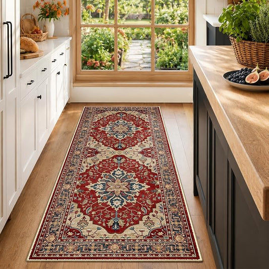 RELEANY Washable Area Rug, Runner 2'x6', Red/Blue | Non-Slip, Water Repellent, Pet Friendly, Easy to Clean, Vintage Floral Boho Decor for Kitchen Entry Bedroom Bedside Laundry