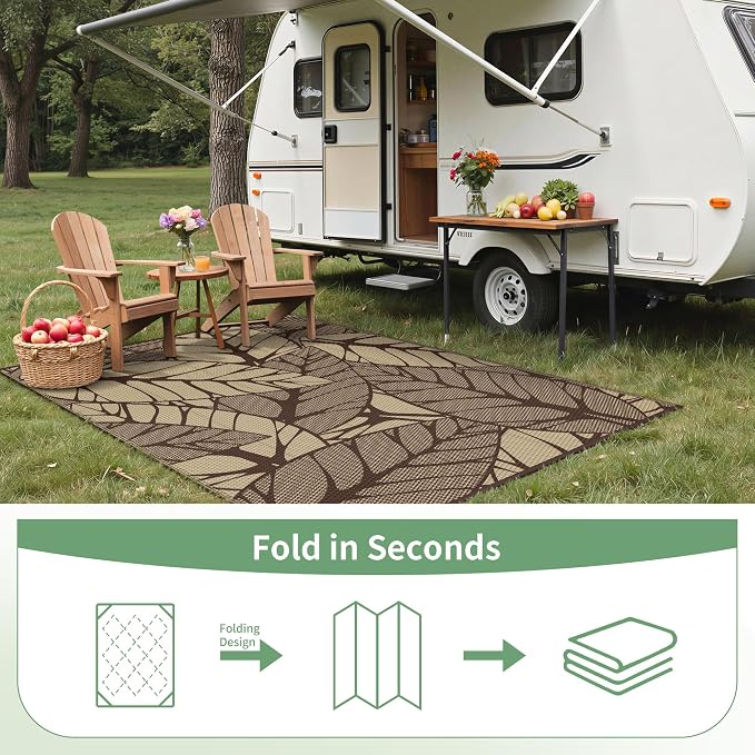 GENIMO Outdoor Rug 6' x 9' Waterproof for Patio Clearance, Reversible Plastic Straw Camping Carpet, Lightweight Mat for Rv, Camper, Deck, Porch, Picnic, Balcony, Beach,Dark Coffee & Beige
