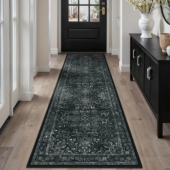 Black White 2x8 Kitchen Runner Rug, Washable Non Slip Hallway Entryway Runner Indoor, Low Pile Vintage Medallion Distressed Carpet Runners 8ft for Bedroom Bedside/Laundry Room/Bathroom
