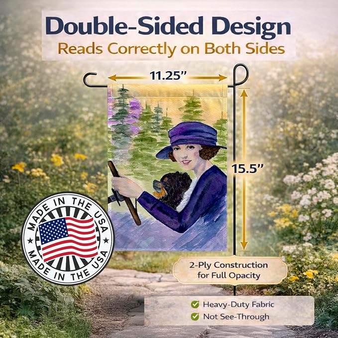 Caroline's Treasures SS8538GF Lady driving with her Pomeranian Garden Flag Mailbox Flag Decorative Yard Flag Banner Outside Patio Artwork Yard Flower Beds, Garden Size, Multicolor