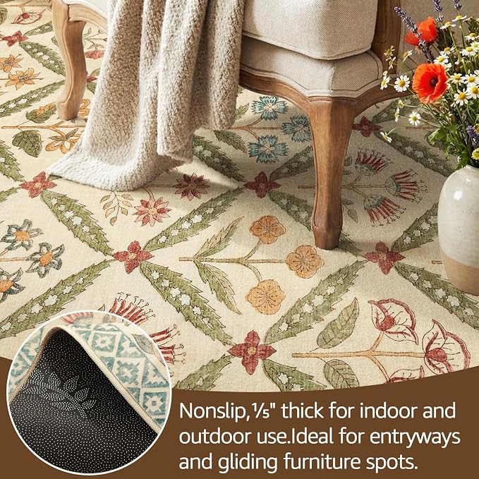 jinchan Runner Rug 2x6 Vintage Floral Washable Hallway Area Rug, Teal Blue | Soft & Lightweight, Checkered Floral, Low Pile, Non Slip, Entryway, Kitchen, Bedside, Laundry Room, Cottage Decor
