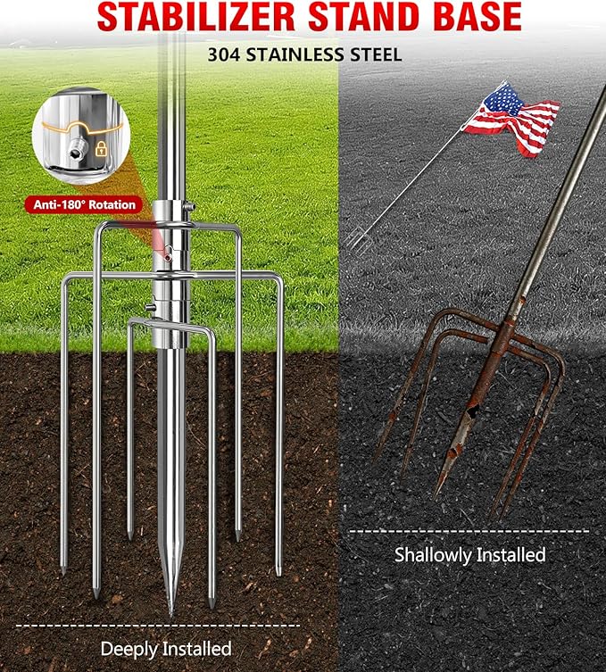 304 Stainless Steel 8FT In Ground Flag Pole with 7 Prongs Base, Heavy Duty Extra Thick Camper Flag Pole, 1 Inch Inground Flag Pole for Outside House, Yard, Garden (Silver-8FT)