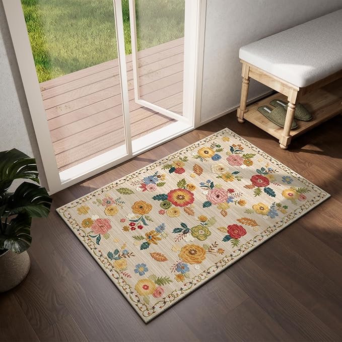 2x3 Small Area Rugs for Entryway: Washable Rug Non Slip Door Mat Indoor Entrance Faux Wool Soft Low Pile Floral Throw Rugs for Inside Front Door Floor Bedroom Kitchen Nursery Dorm Entry Home Office