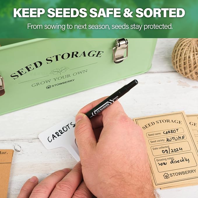Seed Storage Box Organiser – Green Garden Seeds Tin with Lid, Side Handles, 4 Compartments & Safety Lock – Seed Packet Container for Gardeners – Gardening Gift Idea with Over 100 Accessories | Seed Tin with Lid, Handles, 4 Sections & Safety Lock, Over ...