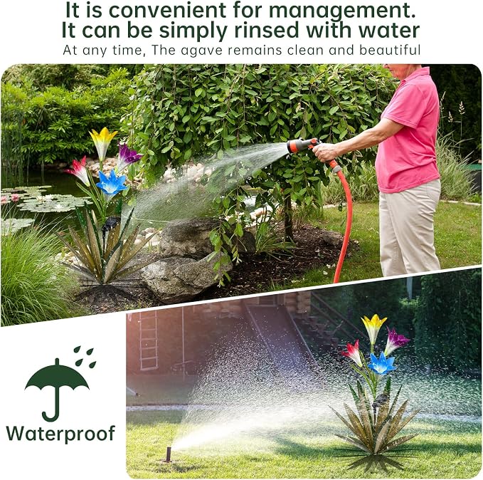 Homight Solar Metal Agave Lily Flower Garden Sculpture with LED Lights 30.3 Inch Waterproof Outdoor/Indoor Yard Decor Handmade Lawn Ornament Gift for Family Friends (3, Green)