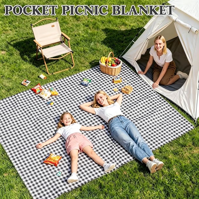 Fammart Pocket Picnic Blanket Sandproof Waterproof, Portable Lightweight Camping Tarp, Quick Dry Foldable Compact Beach Mat with Corner Pockets & Stakes for Festivals Hiking Outdoor Essentials