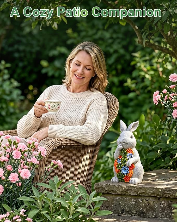 Solar Garden Outdoor Statues Bunny with Succulent | 7 LED Lights, Lawn Decor Statue for Patio, Balcony, Yard Ornament, Gifts for Mom Grandma Women