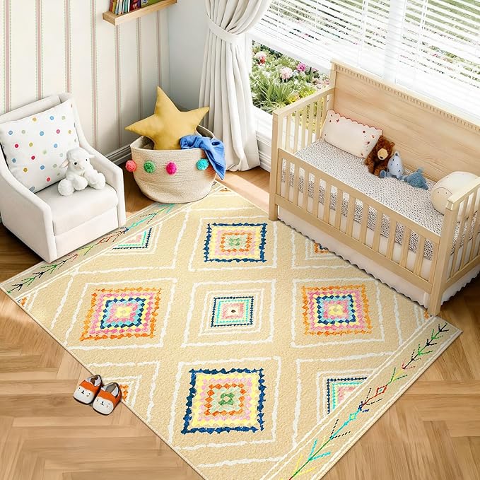 Area Rug 5x7 Rug Machine Washable Non-Slip Low Pile Print Pattern Western Rug for Living Room Bedroom Entryway Tribal Series -Cream/Beige | Soft Western No Slip Low Pile Print Foldable Indoor for Kitchen Dining Room