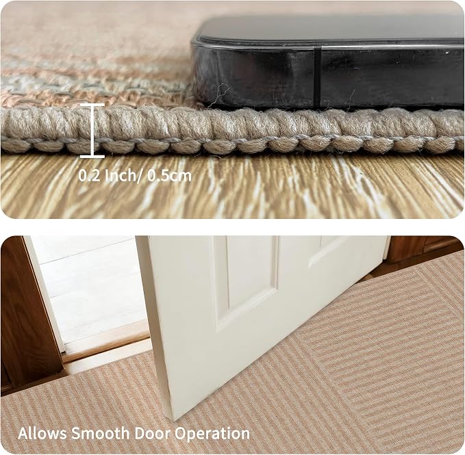 Easy Jute Rug 3x5 Outdoor: Natural Area Rugs for Patio Linen-Look Fabric Durable - Neutral Washable Carpet Mat for Entryway Bedroom Kitchen Non-Slip - Beige Stripes