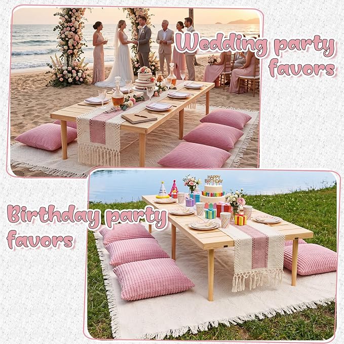 Beeveer 8 Pcs Light Pink Picnic Kit Extra Large Outdoor Boho Picnic Blanket 91x71'', Low Table Runner, 6 Throw Pillow Covers, Woven Cotton Yarn Oversize Washable Beach Blanket for Camp Wedding Garden