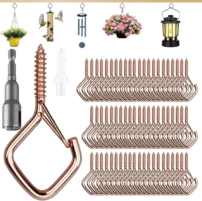 62 PCS Metal Rose Gold Eye Screw Hooks for Hanging Heavy Duty.Windproof Ceiling Hooks for Hanging Plants,Cup,Wind Chime,Bird Feeders,Christmas String Lights at Indoor&Outdoor 2.2 Inch
