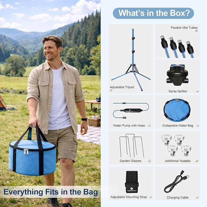Misters for Outside Patio, Portable Standing Misting System with 30L Water Bag and Rechargeable Pump, Up to 6 Hours Runtime, Outdoor Cooling Mister for Backyard, Beach, Camping, Porch
