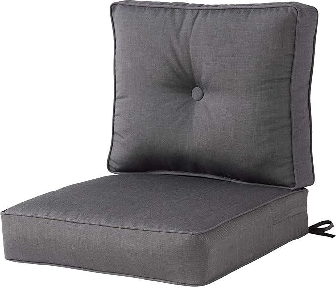 Sunbrella Deep Seat Cushion Set – Seat & Back Cushions for Patio Chairs, Sofas & Loveseats – Fade Resistant Outdoor Fabric, Ties, Zippered Cover, Cord Trim, Canvas Coal