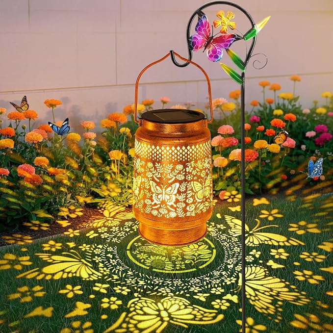 2 Pack Butterfly Solar Lanterns Outdoor With Shepherd Hook, Birthday Gift Mothers Day Gift for Women Mom Grandma Wife Daughter, Waterproof LED Hanging Lights, Decor For Yard Garden Patio Lawn Tabletop