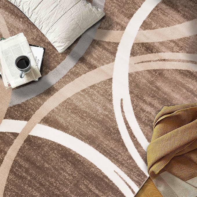 Rugshop Wavy Circles Modern Jute Backing Living Room Round Rug Brown 6'6" | Round, Size 6'6", Bedroom, Dining Room, Home Office, Kitchen, Entryway, Hallway, Nursery, Kids Room, Guest Room
