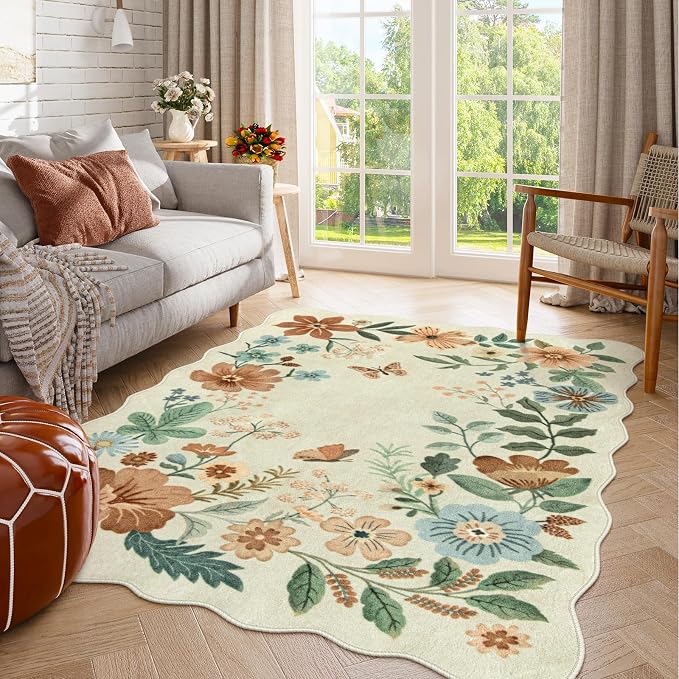 Lahome Floral Bedroom Rug, 4x6 Washable Rugs for Living Room Dining Room | Non Slip Ultra-Thin Stain Resistant Boho Throw Carpet for Office Flore (4x6ft, Beige)