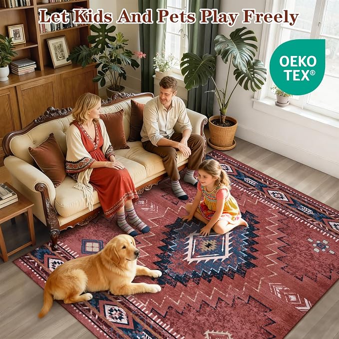Yinhua Western Living Room Rug 5x7, Washable Area Rugs for Bedroom, Rust | Low-Pile Area Rug Non-Slip with Rubber Backing, Fall Non-Shedding Carpet for Dining Table Office Nursery