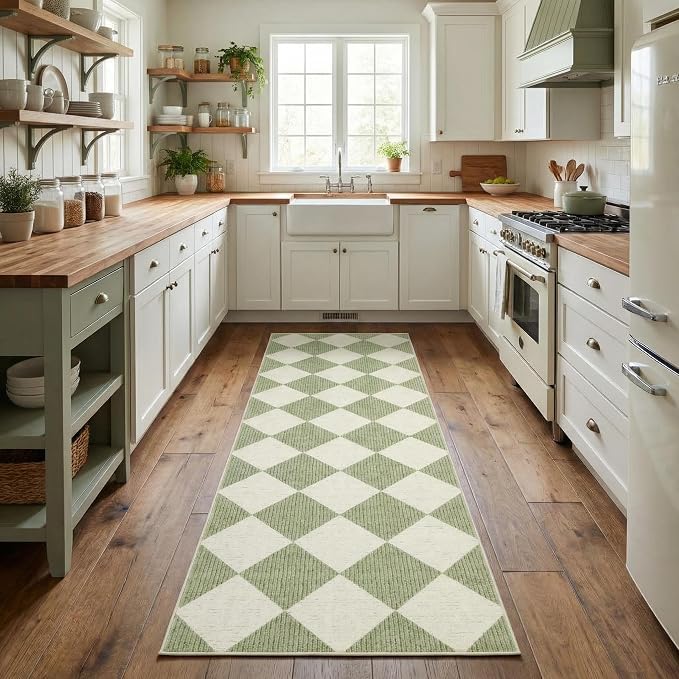 GarveeHome Checkered Long Hallway Runner Rug 2.5x10 Sage Green Kitchen Rug | Non Slip Soft Diamond Print Entryway Rug Thin Laundry Mat Stain Resistant Carpet for Bedroom Bathroom Beside