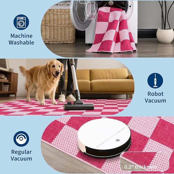 GarveeHome Checkered Hot Pink 2x3 Washable Girls Rug Low-Pile Room Door Mat | Hot Pink Soft Stain Resistant Boys Rug for Entryway Bedroom Bathroom Kitchen Non-Slip Geometric Modern Rug TPE Backing