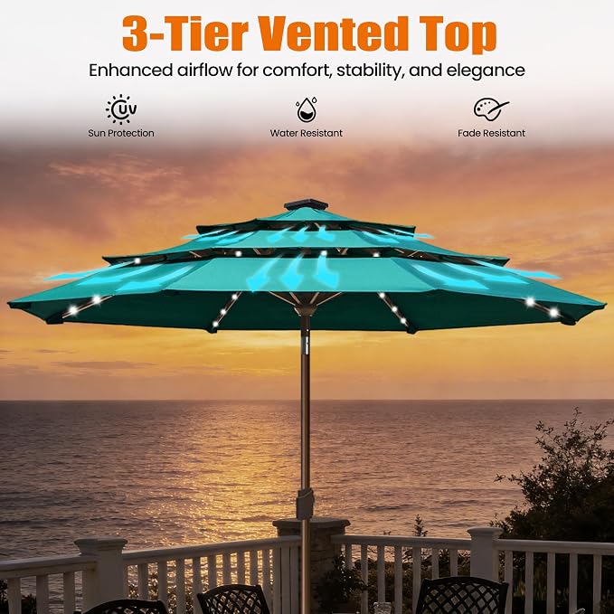 EliteShade USA 10-Year-Non-Fading 10ft 3-Tier Market Patio Umbrella, Commercial Table Umbrella with 80 Solar LED Lights, Crank Open, Windproof & UPF 50+ UV Protection for Garden, Deck, Pool, Backyard, Teal