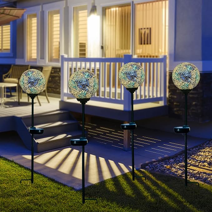 VCUTEKA Decorative Solar Garden Lights, 3.5" Mosaic Globe Stake 2 Pack | Mosaic Glass Design, Solar LED Light, Weather Resistant, Auto On/Off and Metal Stake Design for Lawn and Patio