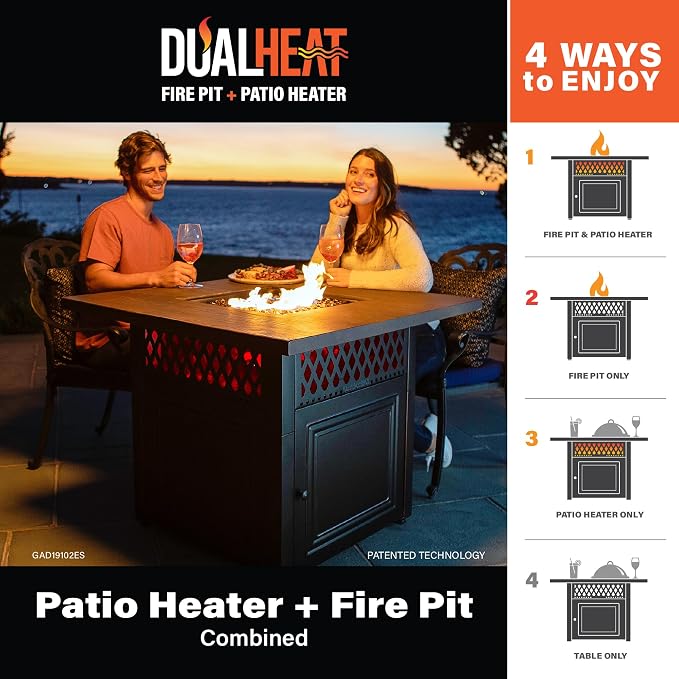 DualHeat by Endless Summer, The Donovan, 38" Square Propane Gas Outdoor Fire Pit Plus Patio Heater