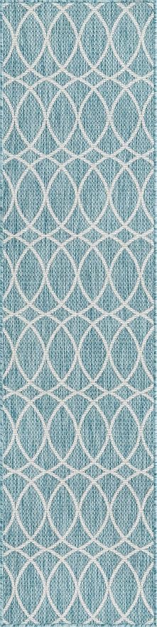 Unique Loom Outdoor Trellis Collection Area Rug - Gitter (2' x 8' Runner, Light Aqua/ Ivory)