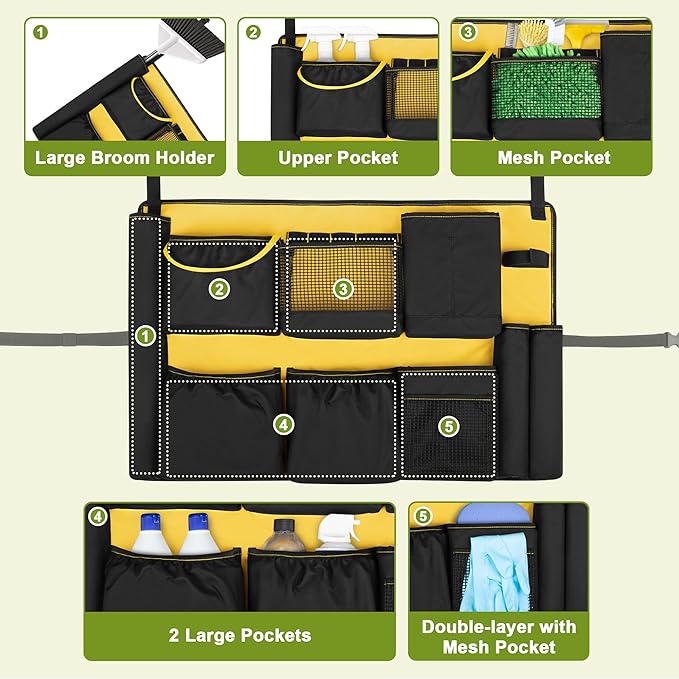 HODRANT 32-55 Gallon Trash Can Caddy Bag with Multi Pockets for Clean Tools | Garbage Bin Apron Caddy, Cleaning Tool Organizer with Adjustable Buckle for Janitorial Trash Can, Black+Yellow