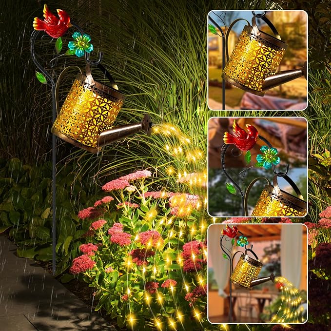 Solar Lights Outdoor, Watering Can with Cascading Lights, Watering Can with Hook Solar Lantern, Gardening Decor for Yard Patio, Gardening Gifts for Mom Grandma Women (2 Pack)