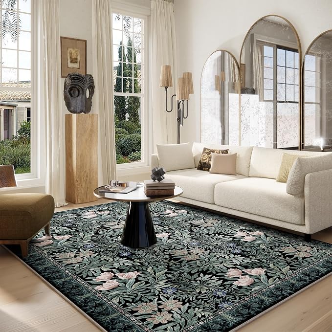 Washable Area Rugs 6x9 Black Green Vintage Floral Botanical Pattern,Perfect for Living Room, Bedroom, Kids Room, Nursery - Stain & Water Resistant Non-Slip, Pet & Child Friendly/Bedroom Decor
