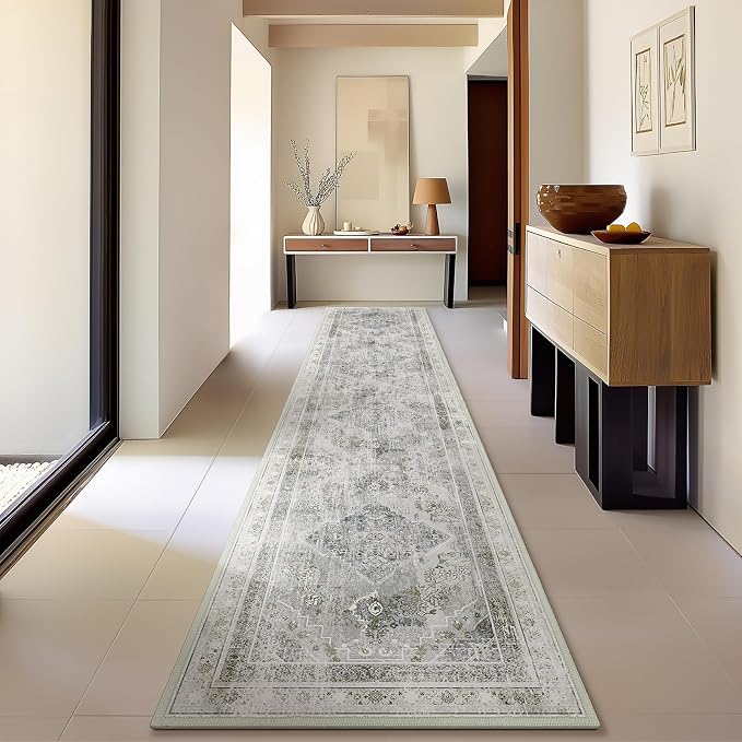 Phantoscope Washable Runner Rug 2'x10' Non-Slip, Vintage Neutral Hallway Rugs for Entryway, Stair, Bedroom, Distressed Boho Medallion Pattern, Low-Pile Foldable Floor Carpet, Silver Grey/Taupe