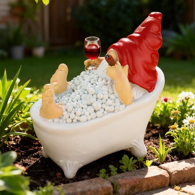 Toncoke Funny Garden Gnomes for Outdoor, 7 Inch Gnomes Decorations for Yard with Bathtub & Wine Glass, Gnome Garden Decor for Home Patio Lawn, Gnomes Gifts for Women Spring Summer Christmas Halloween