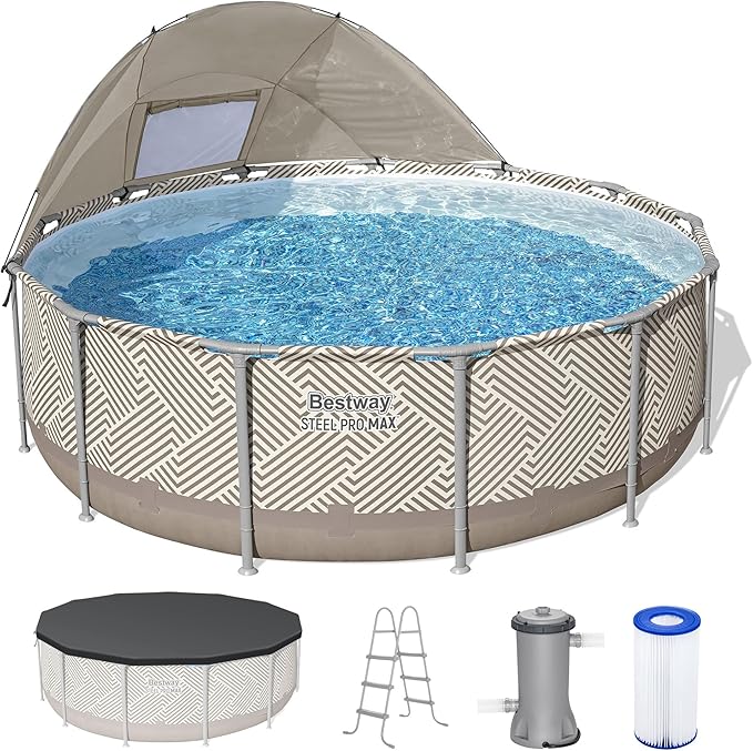 Bestway Steel Pro MAX 13' x 42" Above Ground Swimming Pool Set with Pump | Durable Round Metal Frame Outdoor Backyard Pool, Puncture-Resistant Liner - Canopy, Ladder, and Cover Included, Taupe