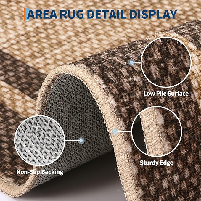 COZYLOOM Machine Washable Area Rugs 5x7 Bordered Rug for Kids Room, Brown | Non Slip Non Shedding Contemporary Stain Resistant Low Pile Foldable Thin Mats for Entryway Living Room Bedroom Office Dorm