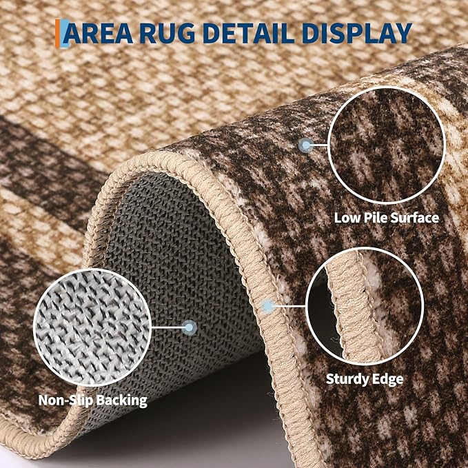 COZYLOOM Area Rug for Bedroom 9x12 Modern Washable Kids Room Rug, Brown | Rubber Backing Stain Resistant Neutral Bordered Non Shedding Low Pile Minimalist Rugs for Living Room Dining Room