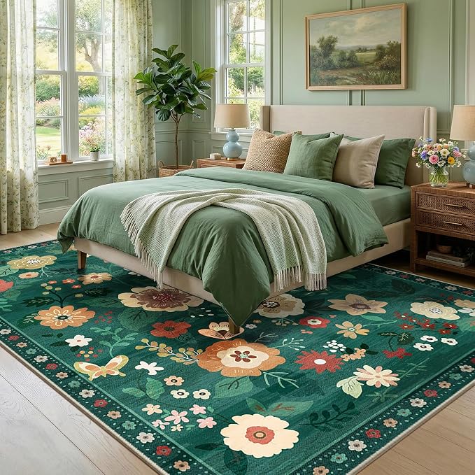 RELEANY Floral Washable 8x10 Area Rugs DarkGreen | Flower Carpet, Print, Boho, Non-Slip, Easy to Clean, Soft, Low Pile for Living Room Bedroom Kitchen Office Entryway Hallway
