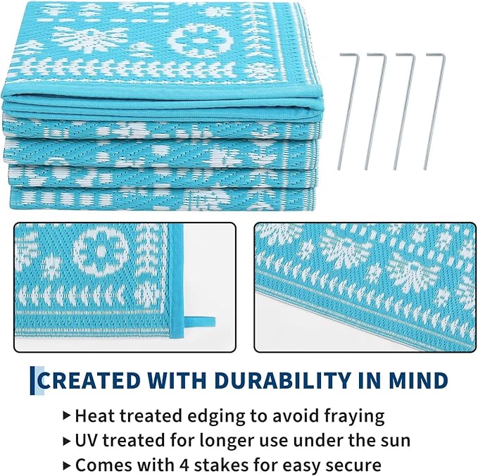 Garvee Reversible Outdoor Rug 6x9 for Patio, Waterproof Outdoor Area Rug, Modern Medallion Indoor Outdoor Rugs, Plastic Straw Rug for RV, Camping, Deck, Vintage Blue