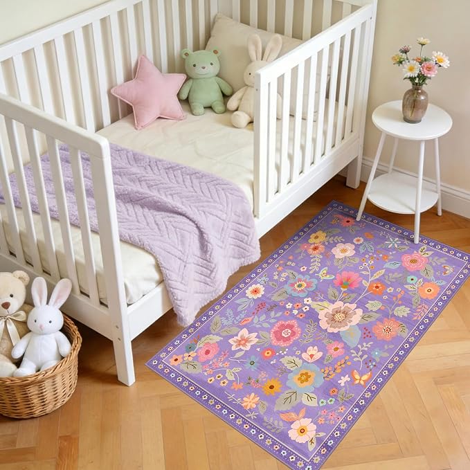 Floral Washable 2x4 Area Rugs Runner Entryway Hallway Purple/Pink | Flower Carpet, Print, Boho, Non-Slip, Easy to Clean, Low Pile, Soft, for Living Room Bedroom Kitchen Office Entrance