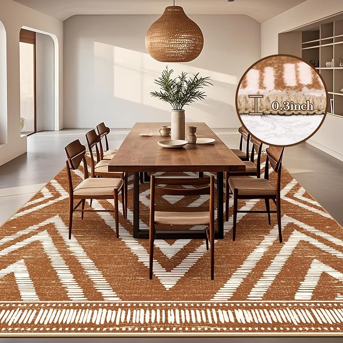 Boho Brown Area Rugs 8x10ft Non Slip, Large Low Pile Washable Rugs for Living Room, Soft Bedroom Area Floor Carpets for Dining Room Kids Nursery Playroom Farmhouse Office