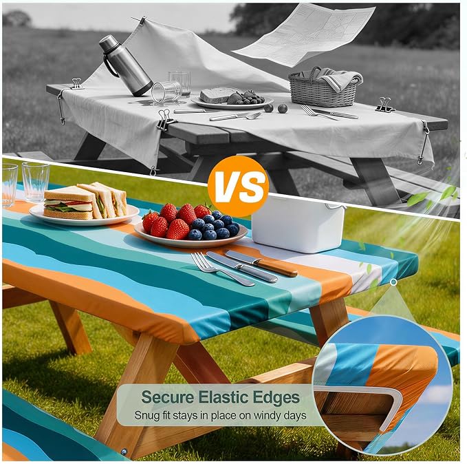 Picnic Table Cover with Bench Covers Camping Essentials Waterproof Windproof Camping Tablecloth with Drawstring Bag, Fitted Rectangle Tables and Seats, 72in, Orange Blue