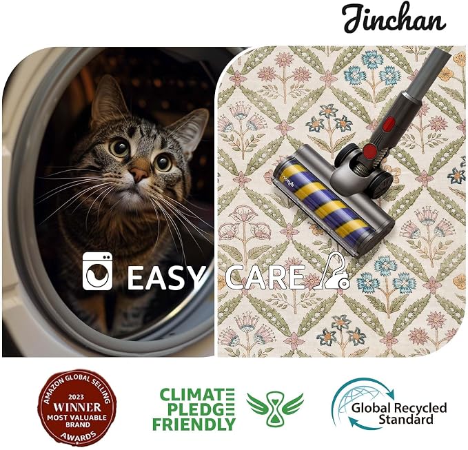 jinchan Runner Rug 2x6 Vintage Floral Washable Hallway Area Rug, Sage Green | Soft & Lightweight, Checkered Floral, Low Pile, Non Slip, Entryway, Kitchen, Bedside, Laundry Room, Cottage Decor