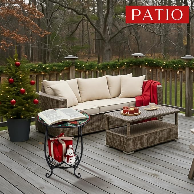 Cinnvoice Outdoor Side Table Round Small Mosaic Patio Accent Indoor End Plant Coffee Tea Table for Yard Patio Porch Garden Living Room, Bedroom(Poinsettia,14 Inch)