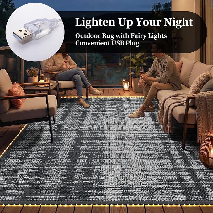 MontVoo Outdoor Rug Waterproof 9x12 ft with Strip Lights Outdoor Patio Rug Mat Reversible Plastic Straw Rug Outside Outdoor Rug for RV Camping Picnic Balcony Backyard