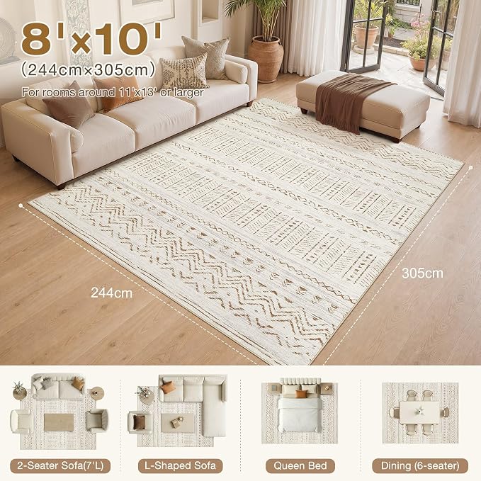 cotiled Boho 8x10 Area Rugs for Living Room: Large Moroccan Washable Rug | Stain Resistan Carpet for Bedroom Farmhouse Brown Cream